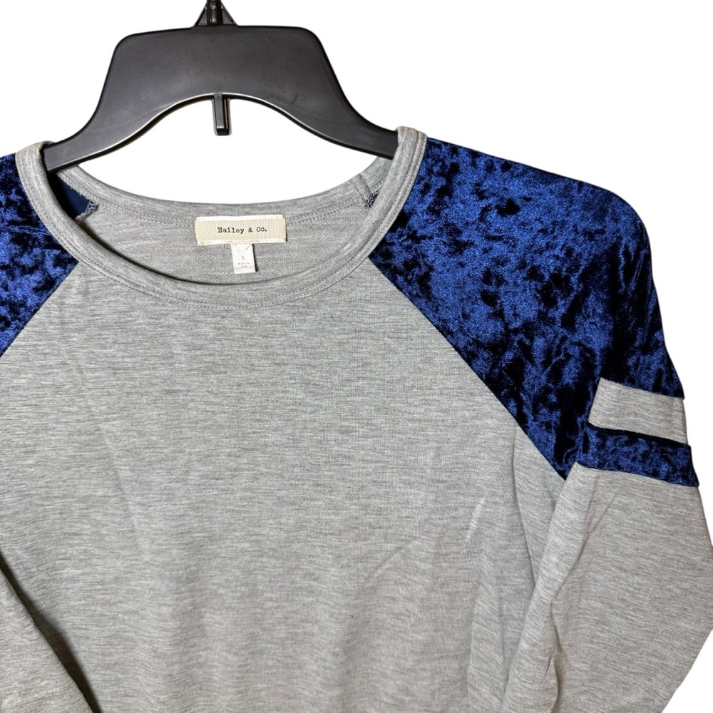 Hailey & Co. Gray w/ Navy Blue Velvet Raglan Long Sleeve Baseball Tee Super Soft - Picture 4 of 11